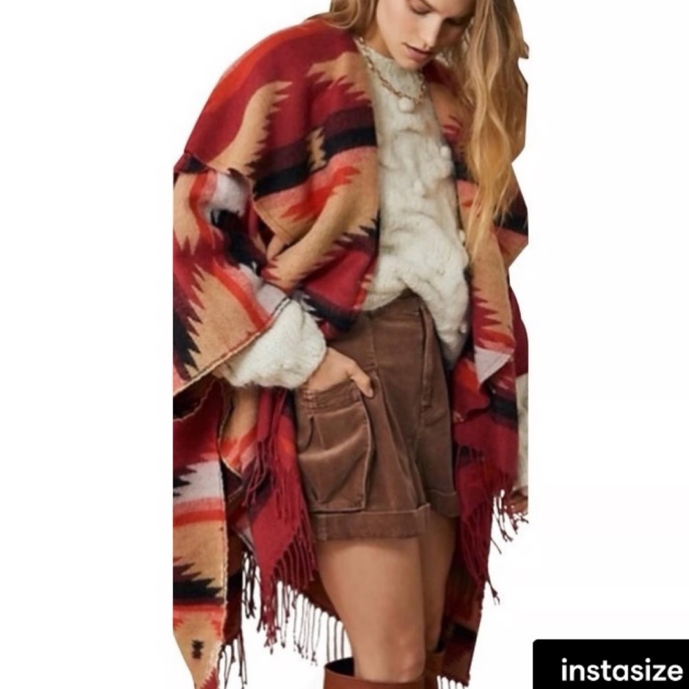 Free People  Crossroads Oversized Poncho Red and Black Knit OS‎